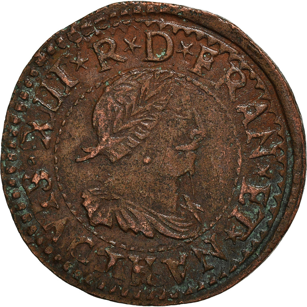 Coin, France, Louis XIII, Double Tournois, 1640, La Rochelle, EF(40-45), Copper
