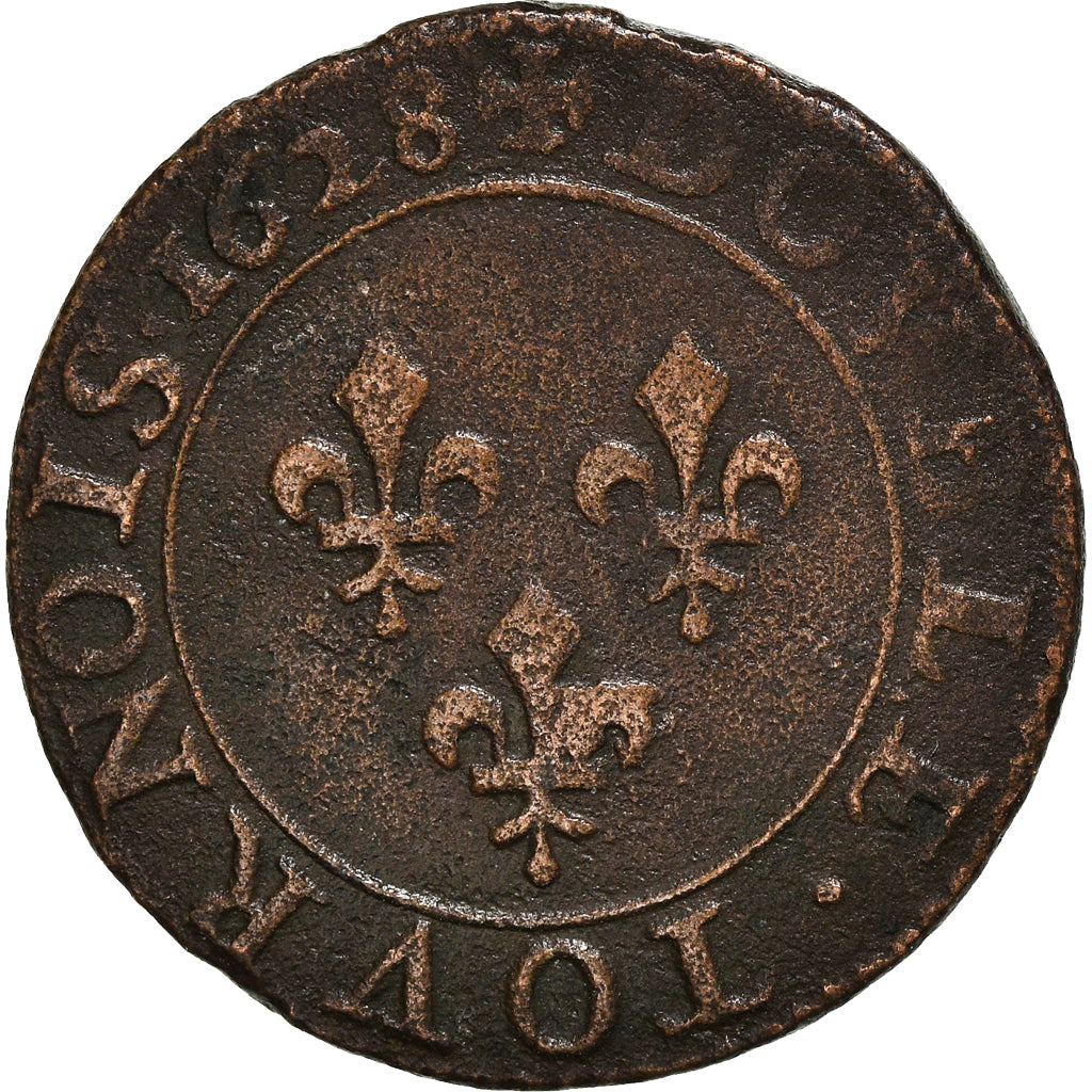 Coin, France, Louis XIII, Double Tournois, 1628, Paris, AU(50-53), Copper