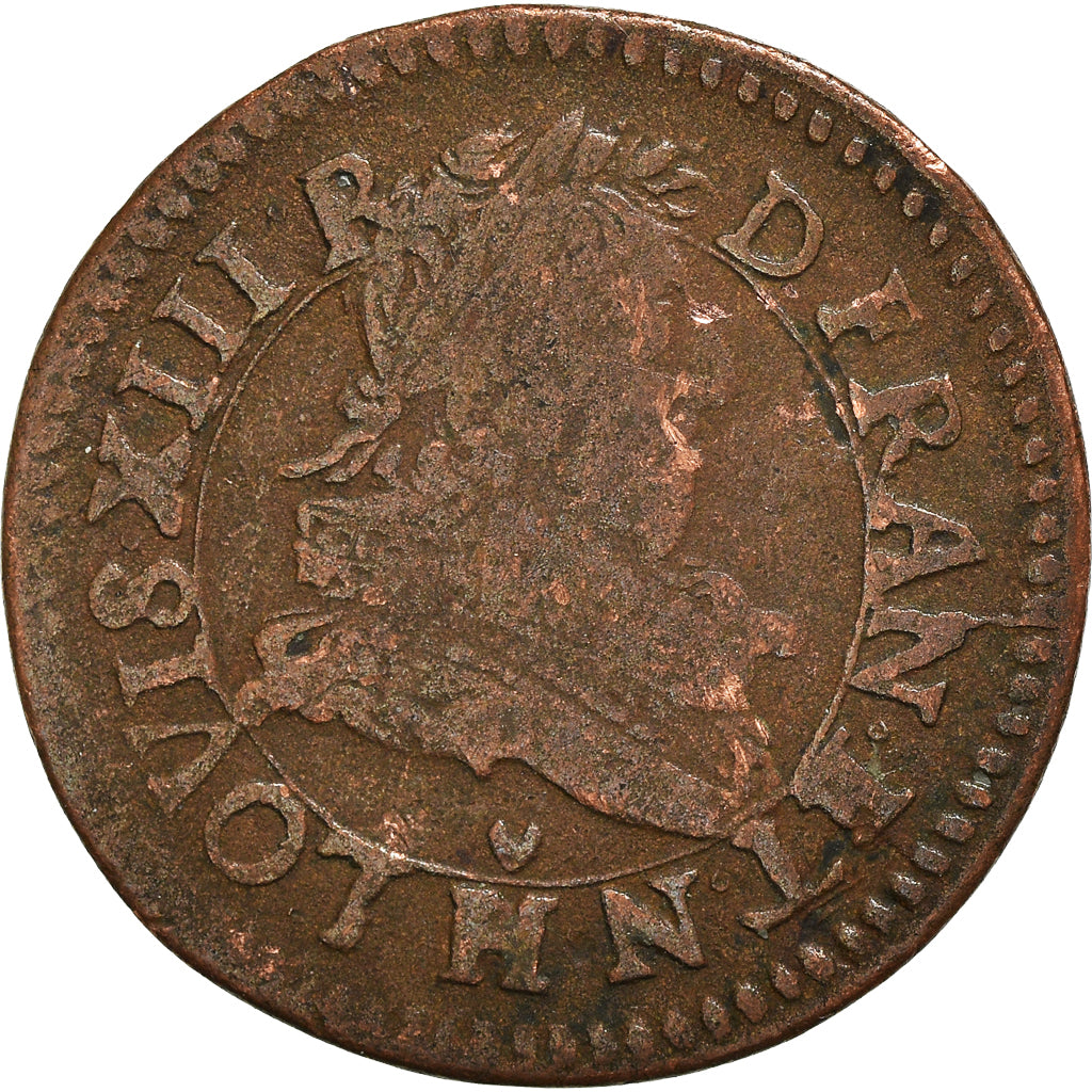 Moeda, França, Louis XIII, Double tournois, buste juvénile au col fraisé