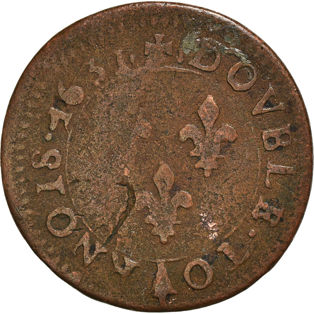 Moeda, França, Louis XIII, Double tournois, buste juvénile au col fraisé