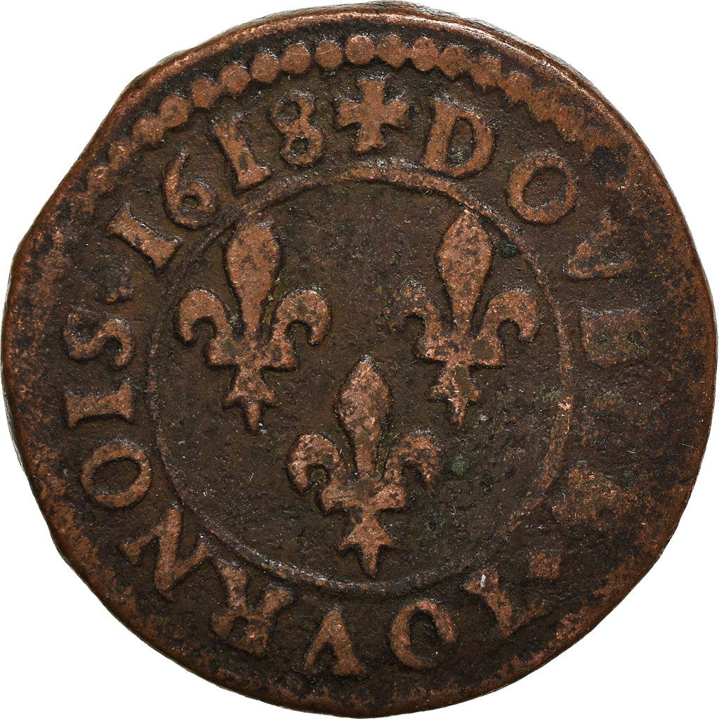 Monnaie, France, Louis XIII, Double Tournois, 1618, Lyon, TB, Cuivre, CGKL:344