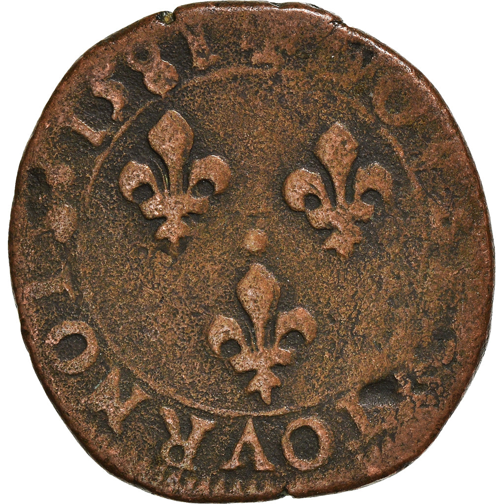Moeda, França, Henri III, Double Tournois, 1581, Tours, F(12-15), Cobre