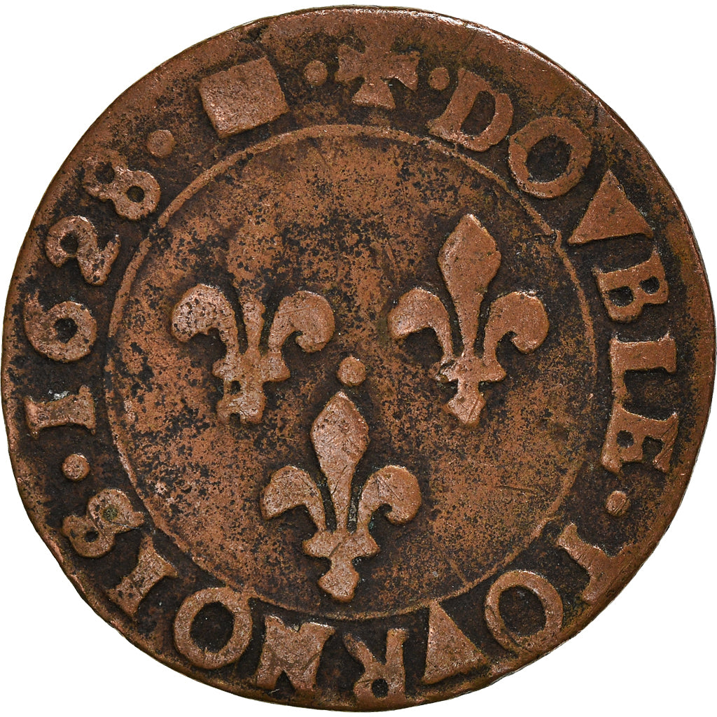 Moeda, França, Louis XIII, Double tournois, buste juvénile au col fraisé