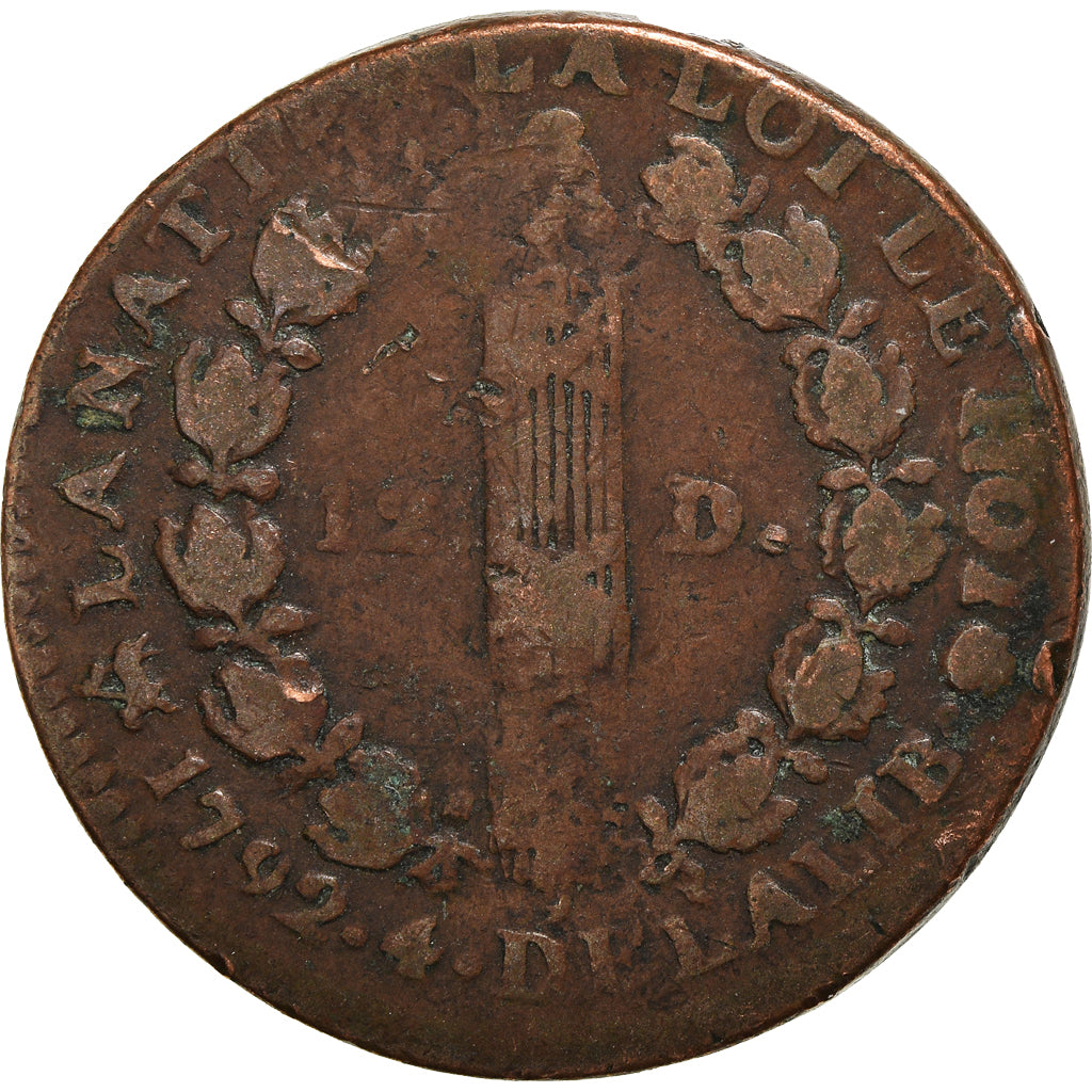 Münze, Frankreich, Louis XVI, 12 Deniers, 1792, Rouen, S+, Bronze, KM:600.3