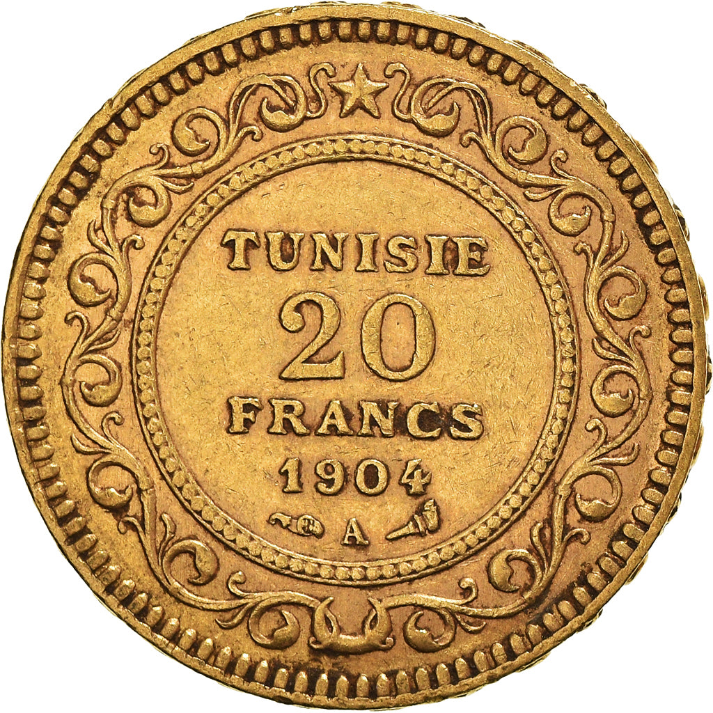 Coin, Tunisia, Muhammad al-Hadi Bey, 20 Francs, 1904, Paris, EF(40-45), Gold