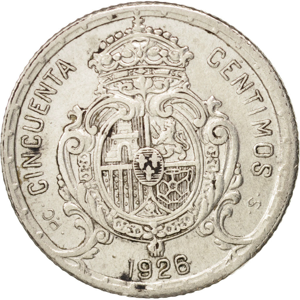 Spain, Alfonso XIII, 50 Centimos, 1926, AU(50-53), Silver, KM:741
