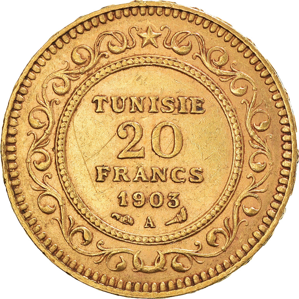 Coin, Tunisia, Muhammad al-Hadi Bey, 20 Francs, 1903, Paris, AU(50-53), Gold
