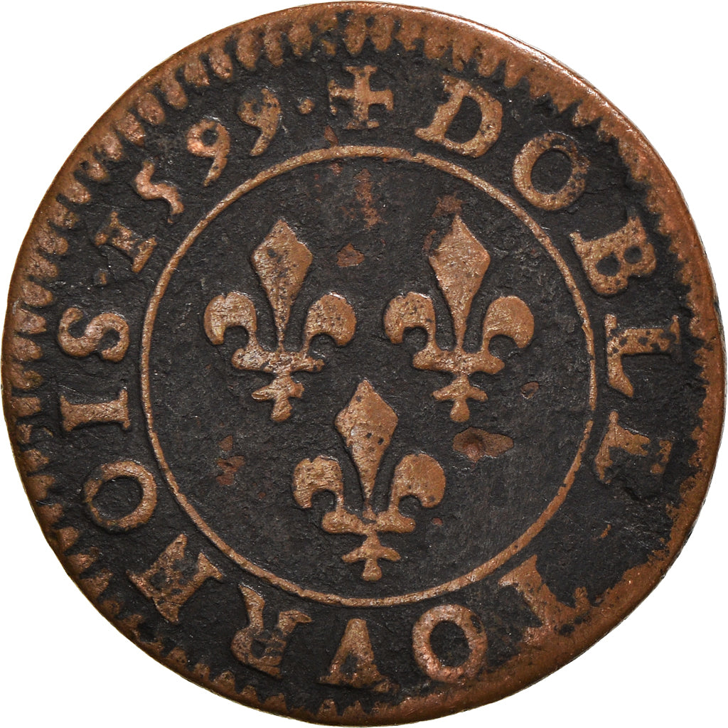 Moeda, França, Henri IV, Double Tournois, 1599, Paris, VF(20-25), Cobre
