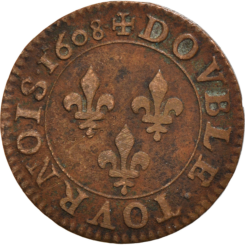 Coin, France, Henri IV, Double Tournois, 1608, Paris, EF(40-45), Copper