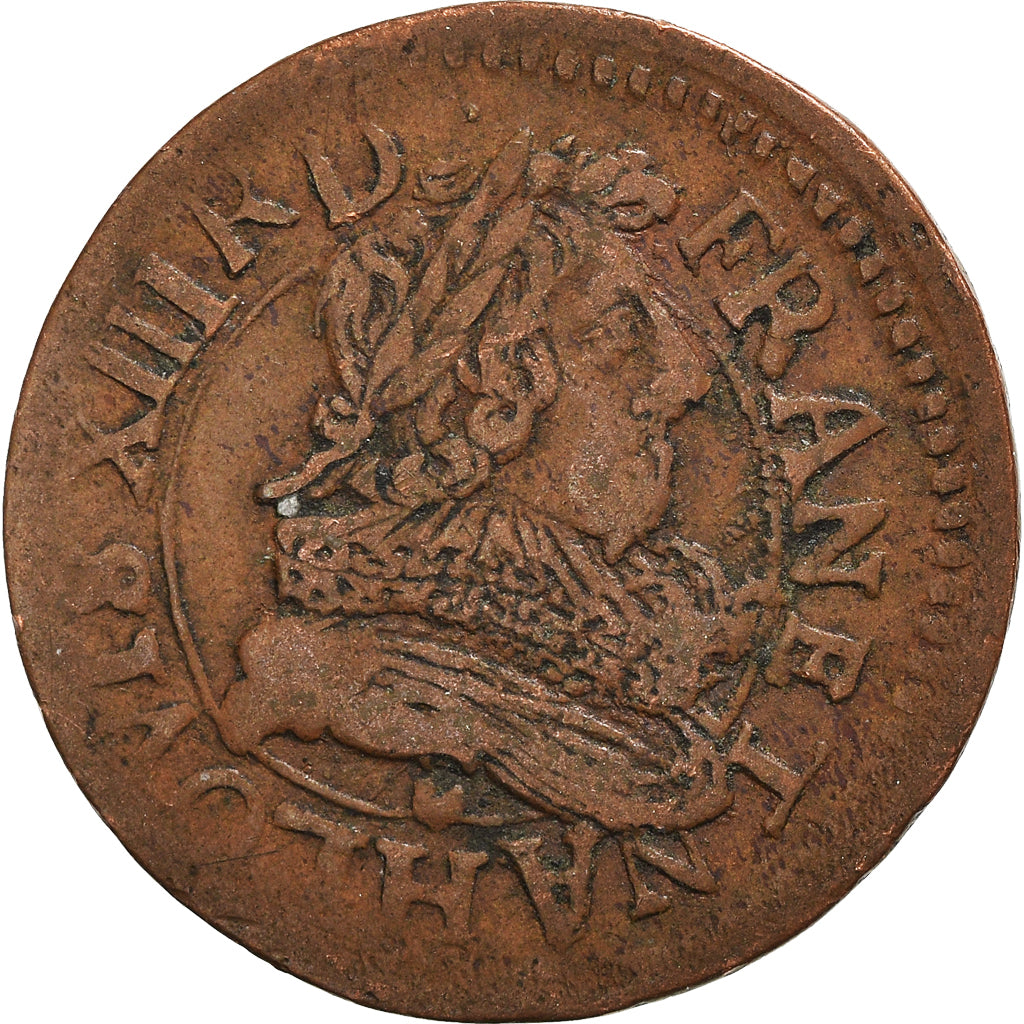 Moeda, França, Louis XIII, Double tournois, buste juvénile au col fraisé