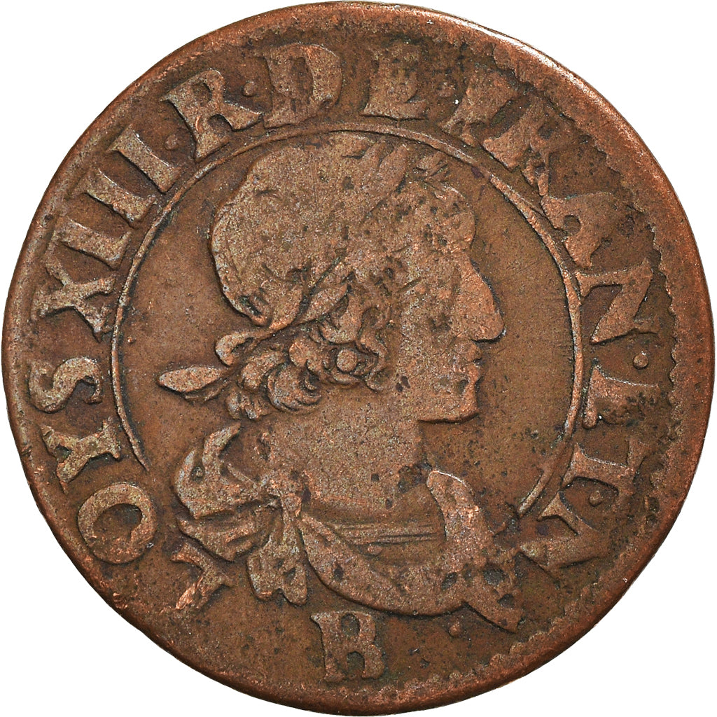 Moneta, Francia, Louis XIII, Double tournois, buste laurée et drapé, Double