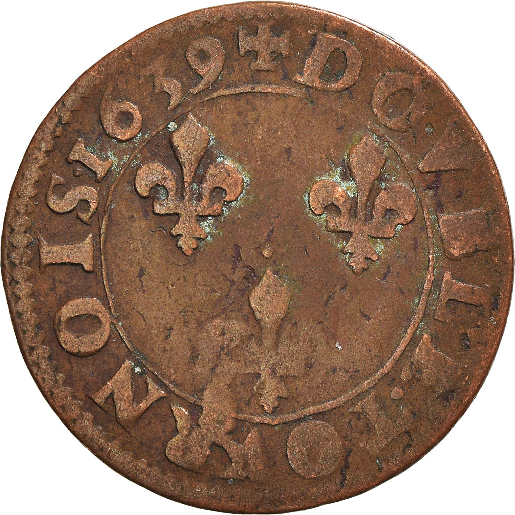 Moneta, Francia, Louis XIII, Double tournois, buste laurée et drapé, Double