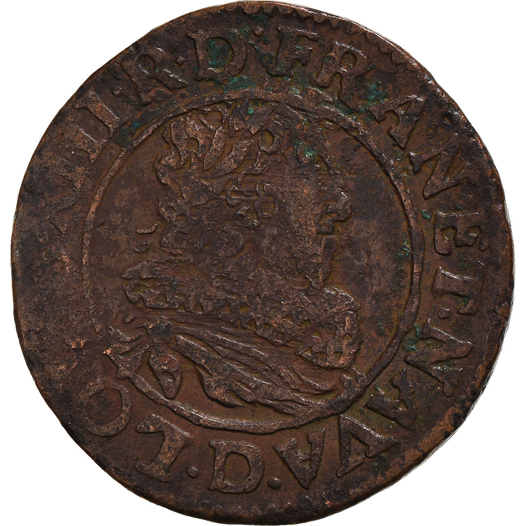 Moneda, Francia, Louis XIII, Double Tournois, 1631, Lyon, BC+, Cobre, CGKL:354