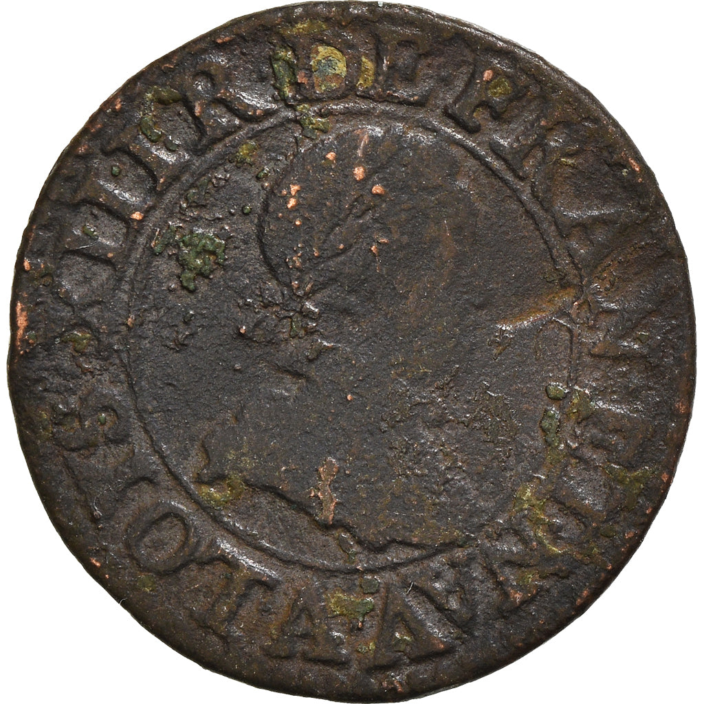 Moneda, Francia, Louis XIII, Double Tournois, 1613, Paris, BC+, Cobre