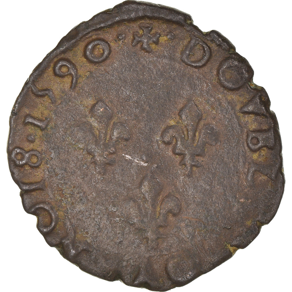 Moneta, Francia, Charles X, Double Tournois, 1590, Dijon, MB, Rame, CGKL:146