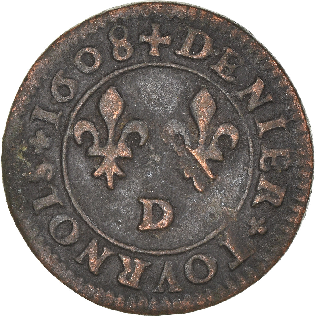 Münze, Frankreich, Henri IV, Denier Tournois, 1608, Lyon, SS, Kupfer