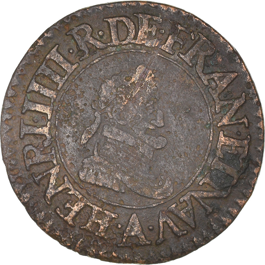 Moneta, Francia, Henri IV, Denier Tournois, 1608, Paris, MB+, Rame, Sombart:4186