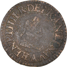 Moneta, Francia, Henri IV, Denier Tournois, 1608, Paris, MB+, Rame, Sombart:4186