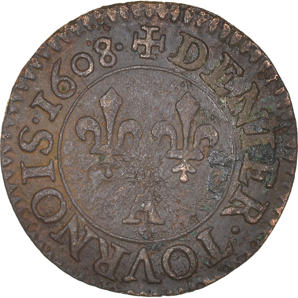 Moneta, Francia, Henri IV, Denier Tournois, 1608, Paris, MB+, Rame, Sombart:4186