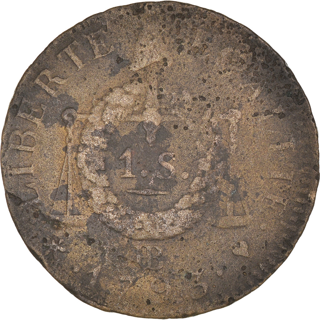 Moeda, França, Sol aux balances françoise, Sol, 1793, Strasbourg, VF(30-35)