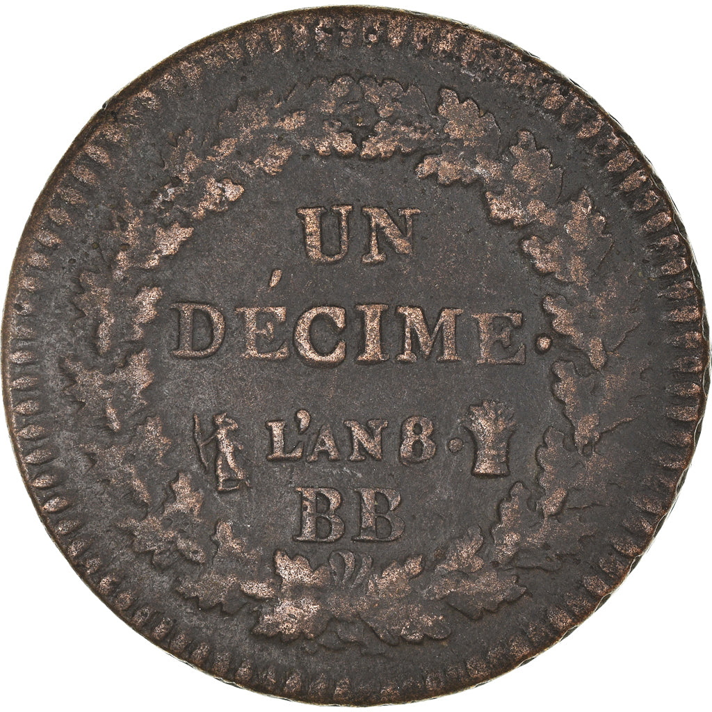 Coin, France, Dupré, Decime, AN 8, Strasbourg, EF(40-45), Bronze, KM:644.4