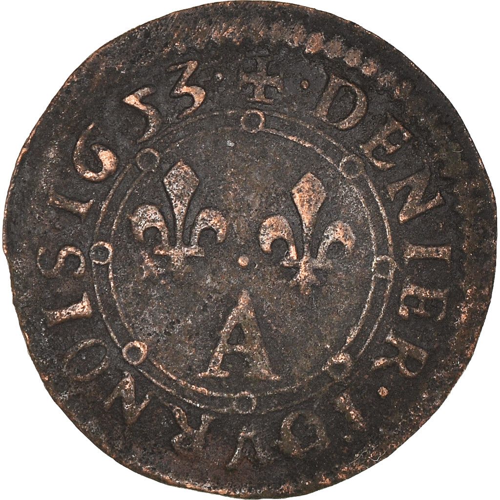 Monnaie, France, Ardennes, Charles II, Denier Tournois, 1653, Charleville, TTB