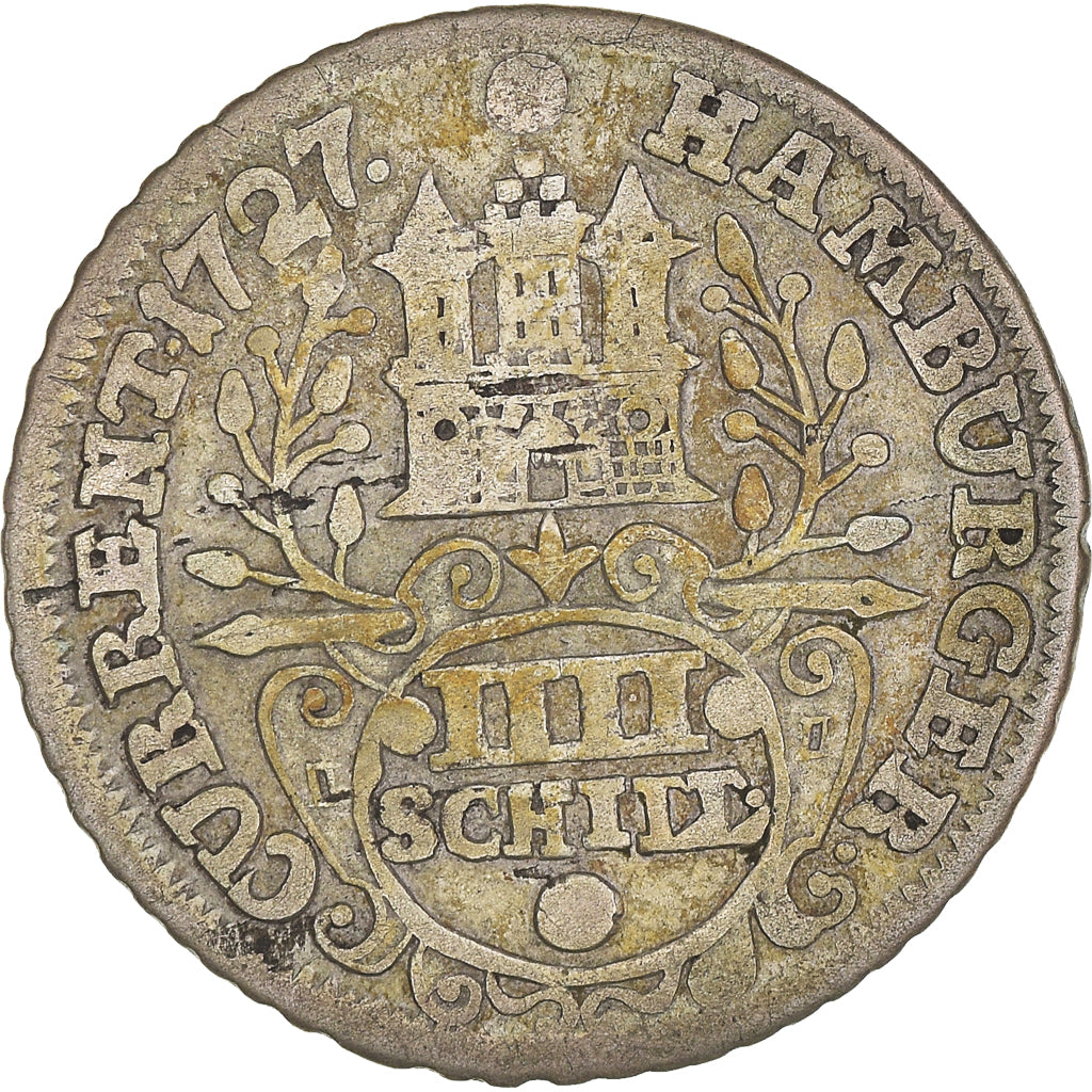 Coin, German States, HAMBURG, Charles VI, 4 Schilling, 1727, VF(20-25), Silver