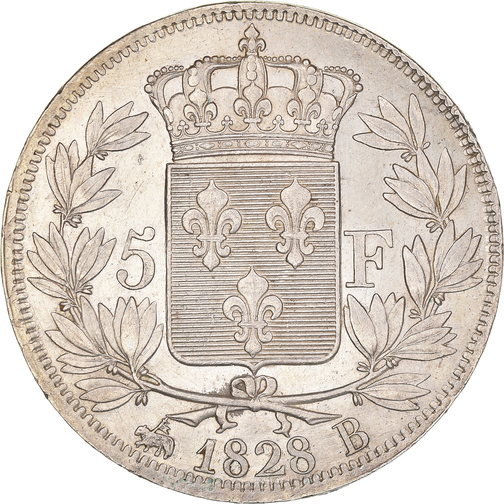 Moneda, Francia, Charles X, 5 Francs, 1828, Rouen, MBC+, Plata, KM:728.2