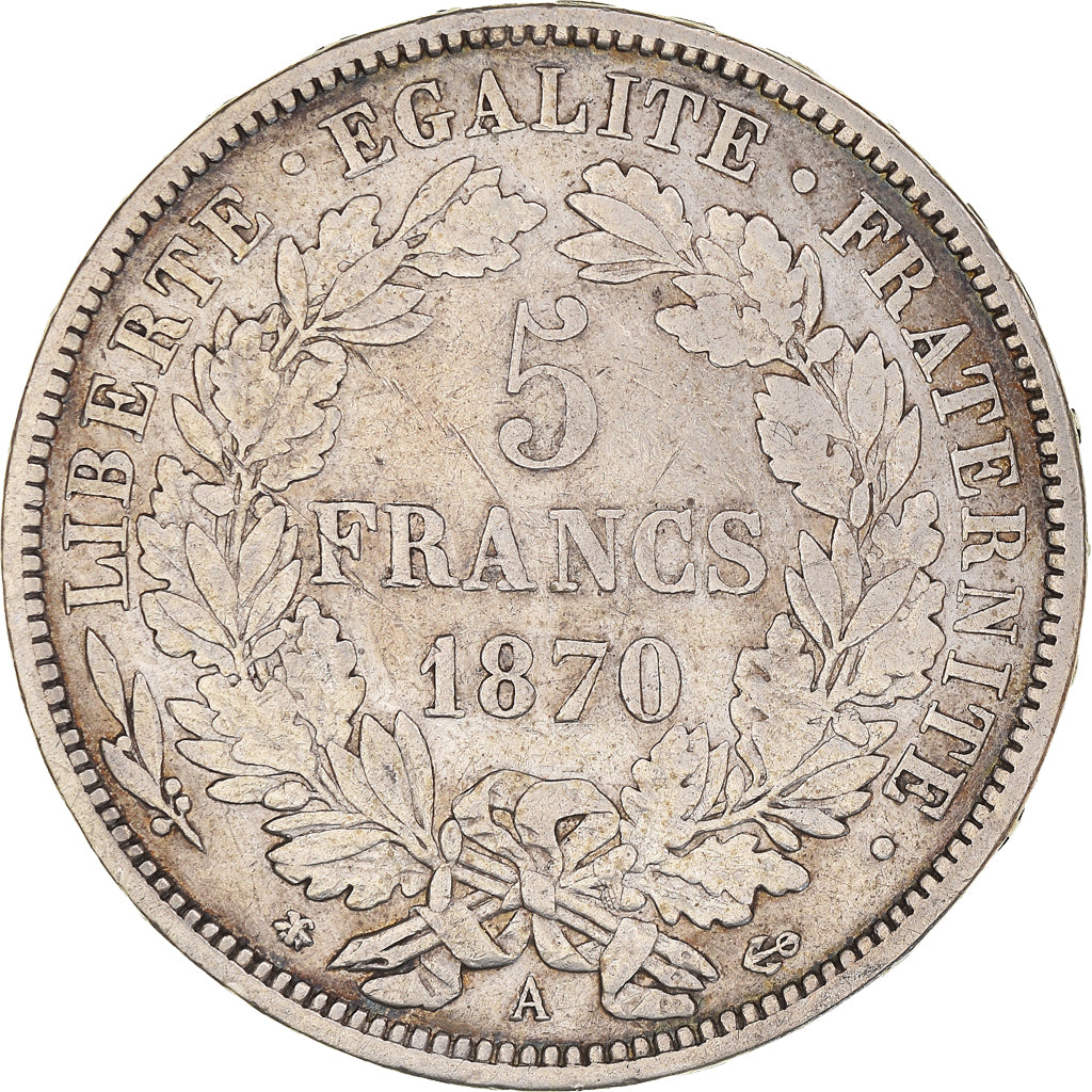 Moneta, Francia, Cérès, 5 Francs, 1870, Paris, BB, Argento, KM:819