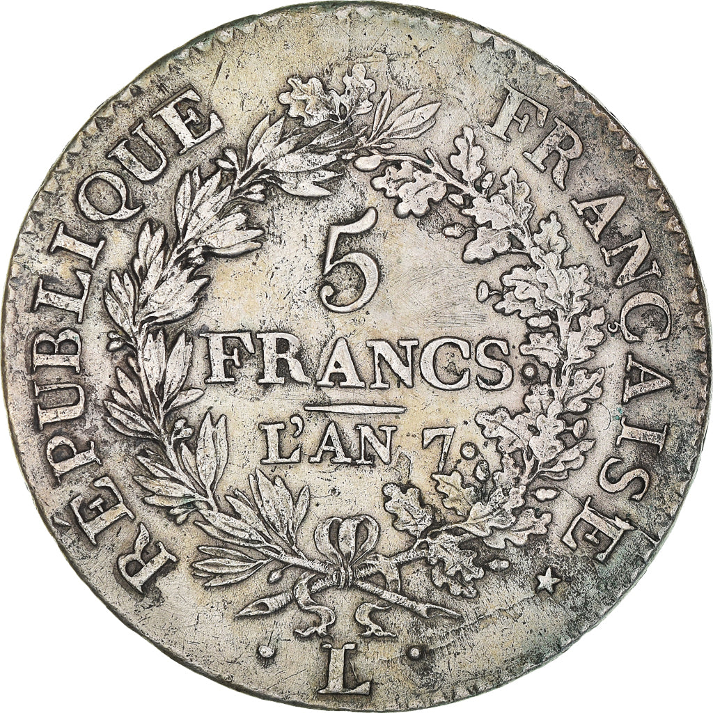 Coin, France, Union et Force, 5 Francs, AN 7, Bayonne, EF(40-45), Silver