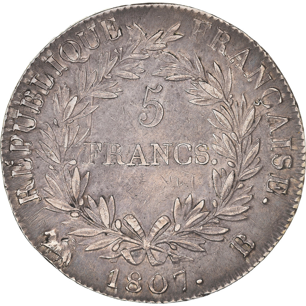 Moneta, Francja, Napoléon I, 5 Francs, 1807, Rouen, AU(50-53), Srebro, KM:673.2