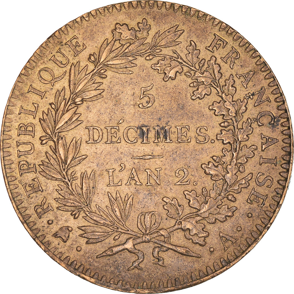 Moeda, França, 5 Décimes, An 2, Paris, Régénération Française, AU(55-58)