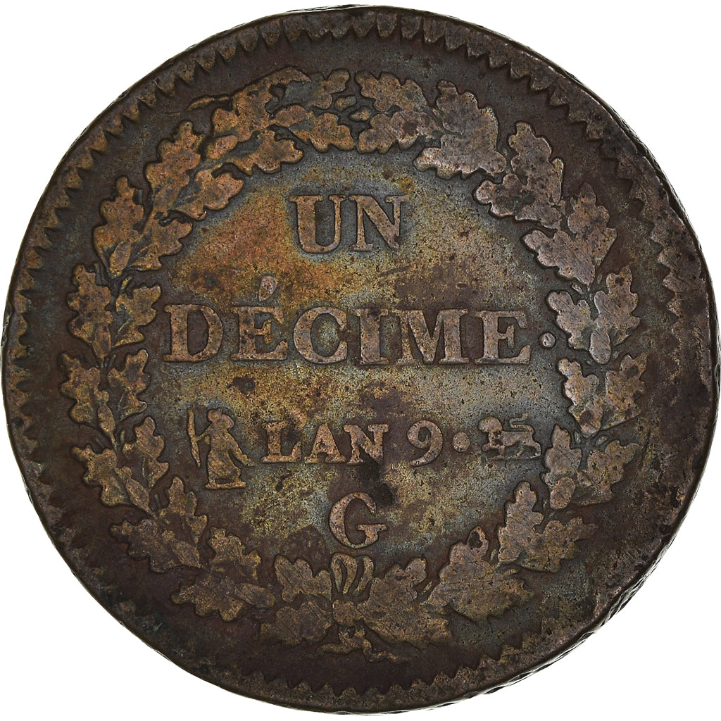 Moeda, França, Dupré, Decime, AN 9, Geneva, VF(30-35), Bronze, KM:644.6
