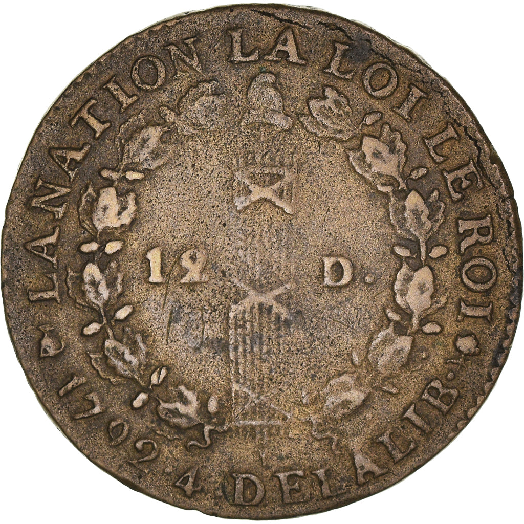 Moeda, França, Louis XVI, 12 deniers françois, 12 Deniers, 1792, Nantes