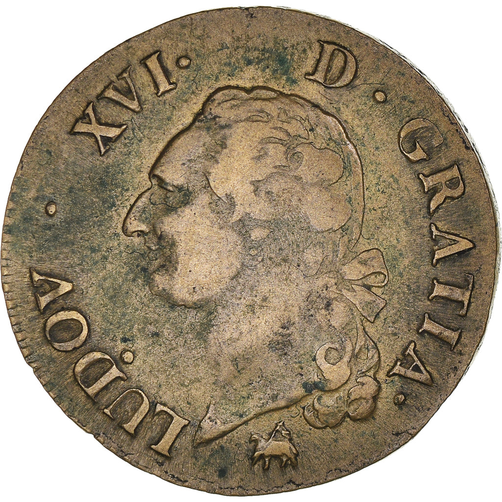 Moeda, França, Louis XVI, Sol à l'Ecu, 1791, Rouen, EF(40-45), Cobre