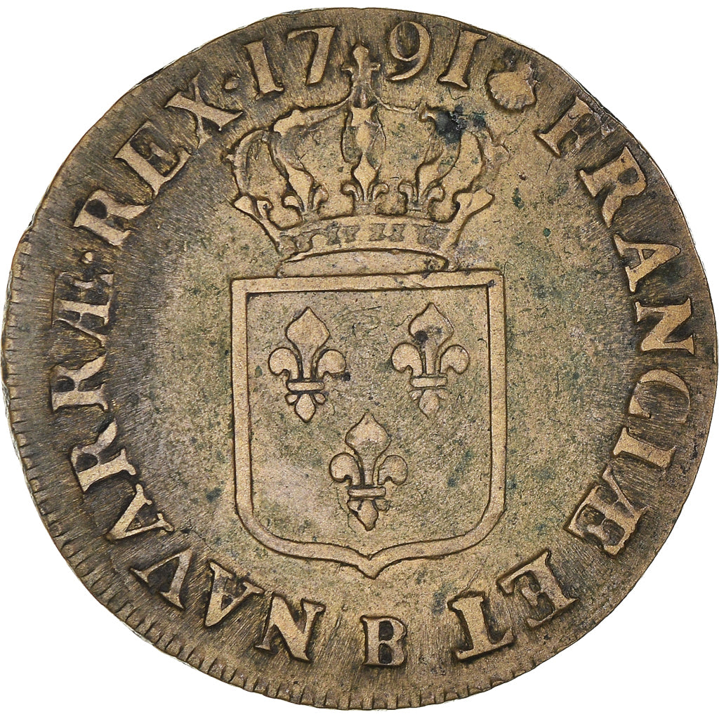 Moeda, França, Louis XVI, Sol à l'Ecu, 1791, Rouen, EF(40-45), Cobre