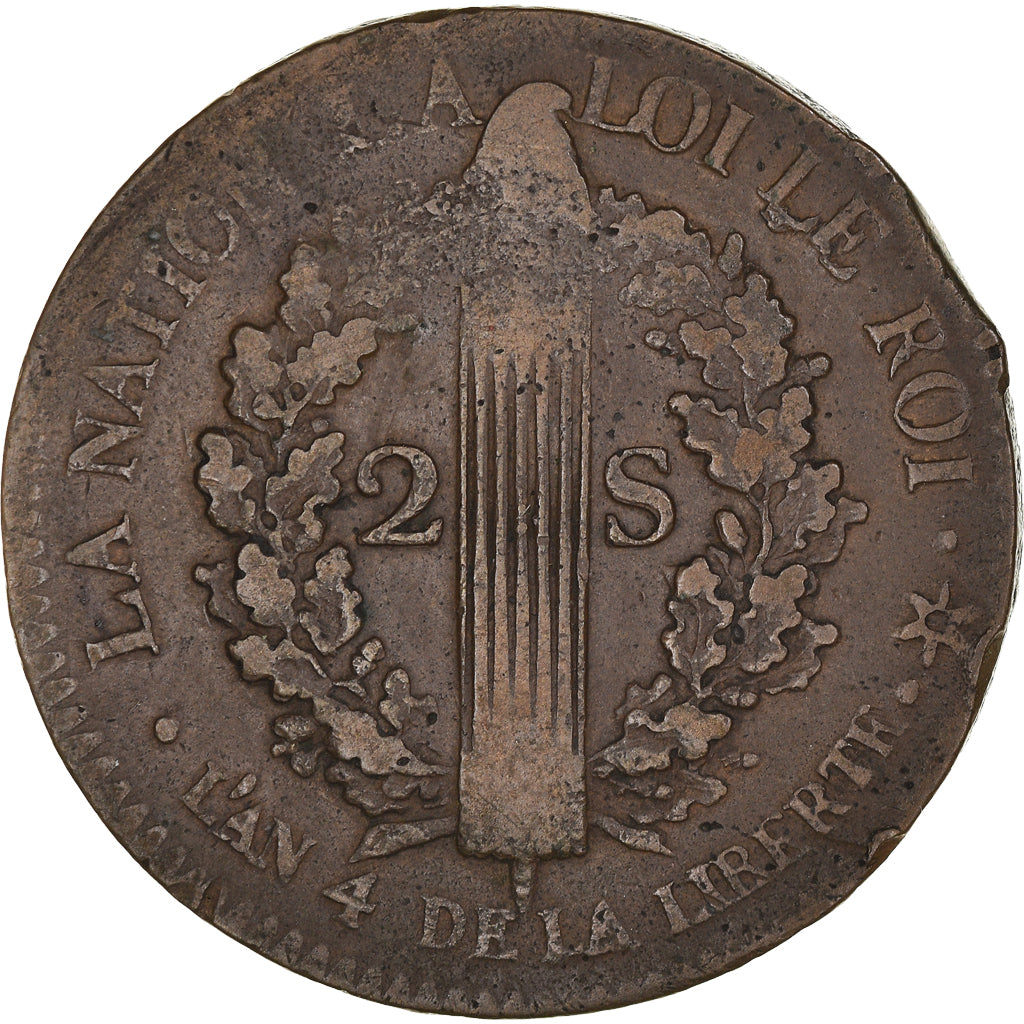 Monnaie, France, Louis XVI, 2 sols français, 2 Sols, 1792, Strasbourg, TTB