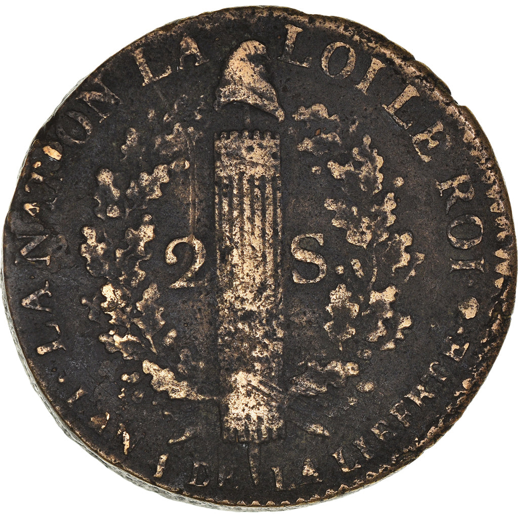 Moneta, Francja, Louis XVI, 2 sols françois, 2 Sols, 1792, Toulouse, VF(30-35)