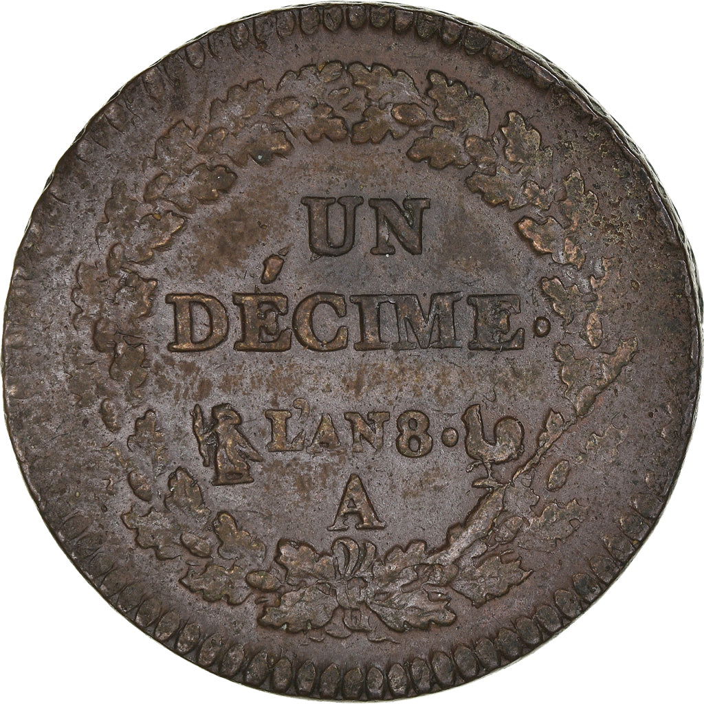 Coin, France, Dupré, Decime, AN 8, Paris, EF(40-45), Bronze, KM:644.1, Le