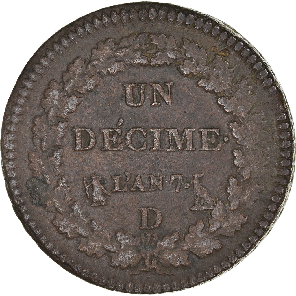 Coin, France, Dupré, Decime, AN 7, Lyon, VF(30-35), Bronze, KM:644.5