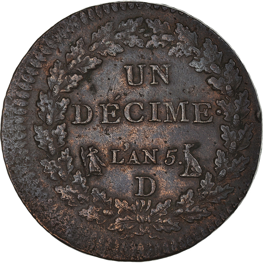 Munten, Frankrijk, Dupré, Decime, AN 5, Lyon, ZF+, Bronzen, KM:645.5