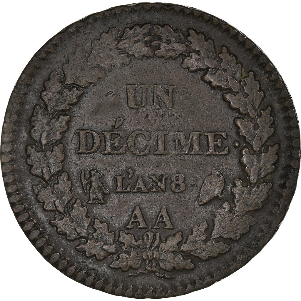 Munten, Frankrijk, Dupré, Decime, AN 8, Metz, ZF, Bronzen, KM:644.2