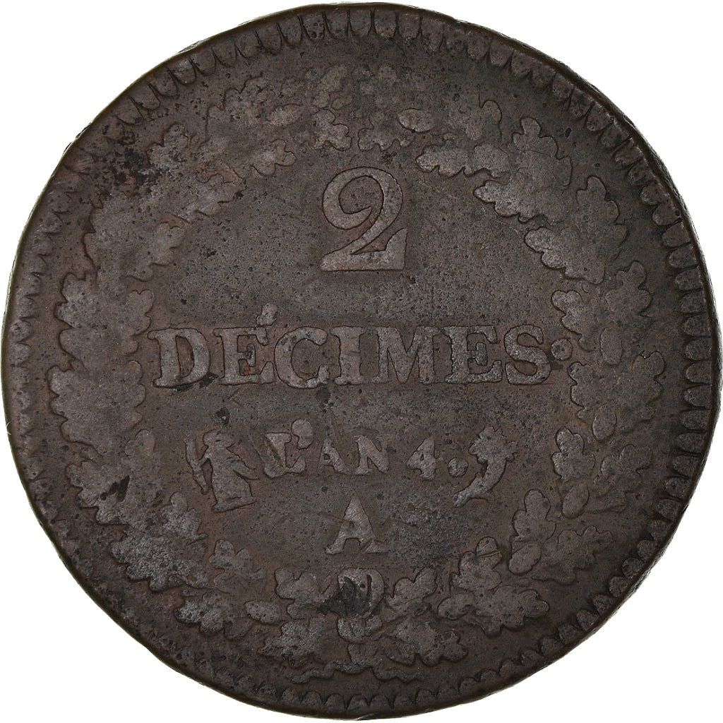 Moneda, Francia, Dupré, 2 Décimes, AN 4, Paris, BC+, Bronce, KM:638.1