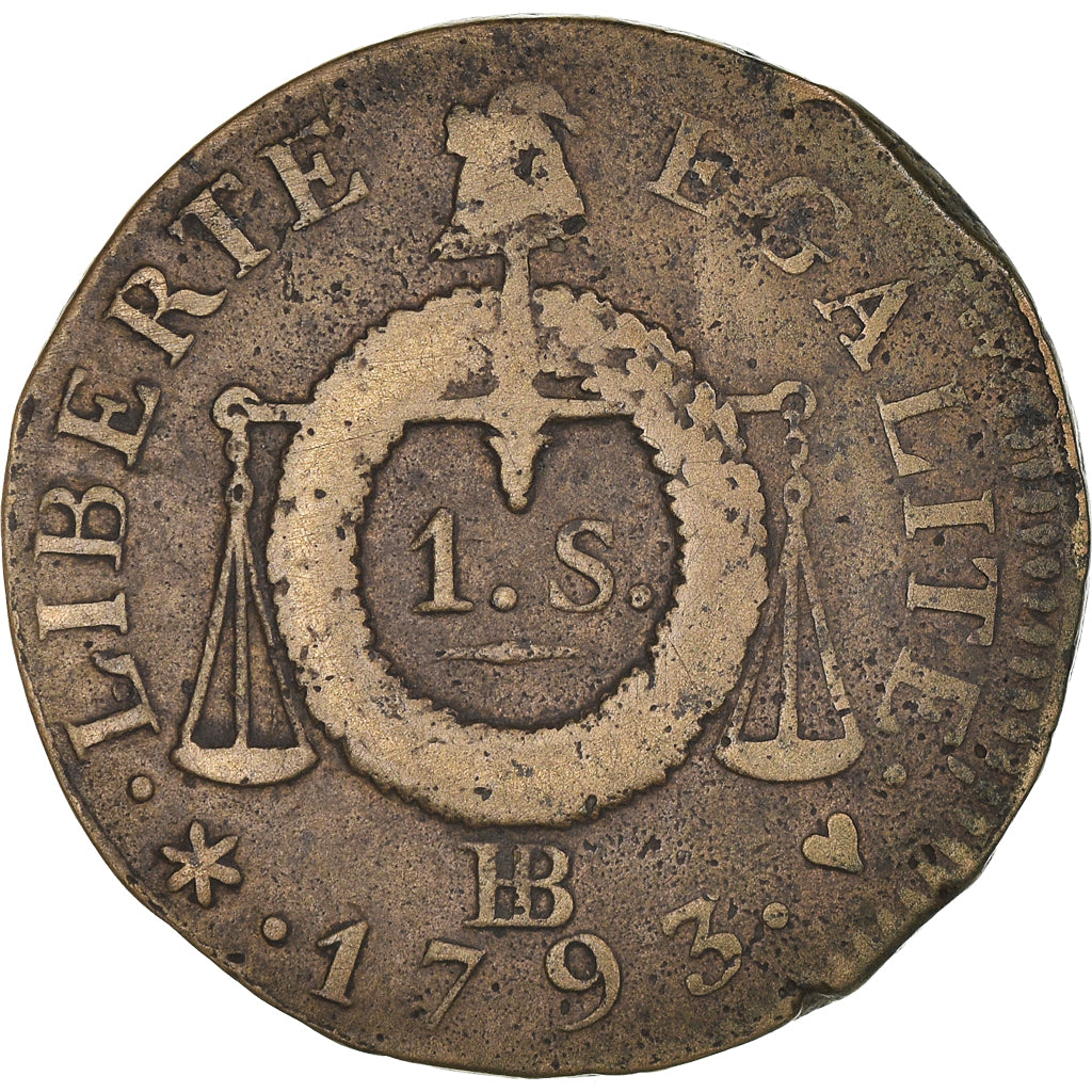 Moneta, Francia, Sol aux Balances, 1793, Strasbourg, MB+, Bronzo, Gadoury:19