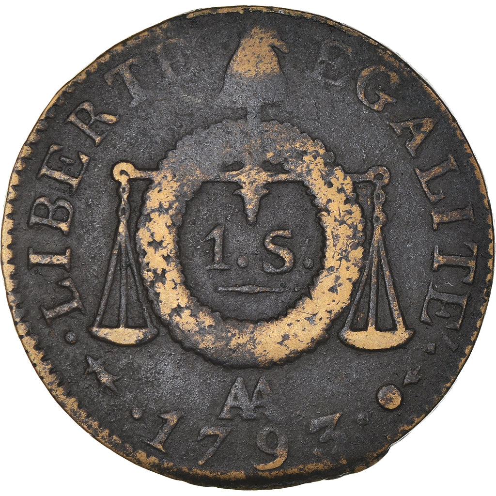 Moeda, França, Sol aux balances françoise, Sol, 1793, Metz, VF(20-25), Bronze