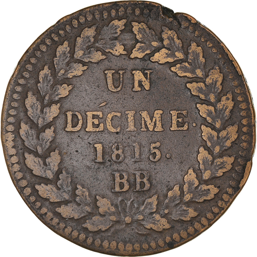 Münze, Frankreich, Louis XVIII, Decime, 1815, Strasbourg, S+, Bronze, KM:701
