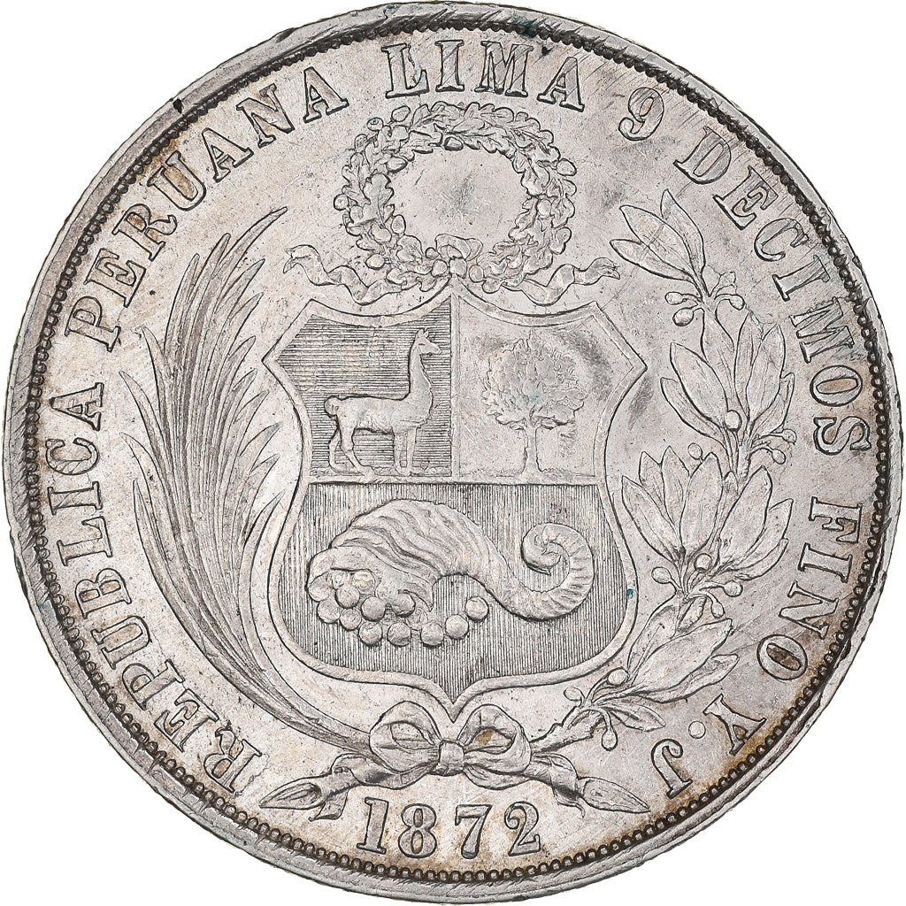 Coin, Peru, SOUTH PERU, Sol, 1872, Lima, AU(50-53), Silver, KM:196.3