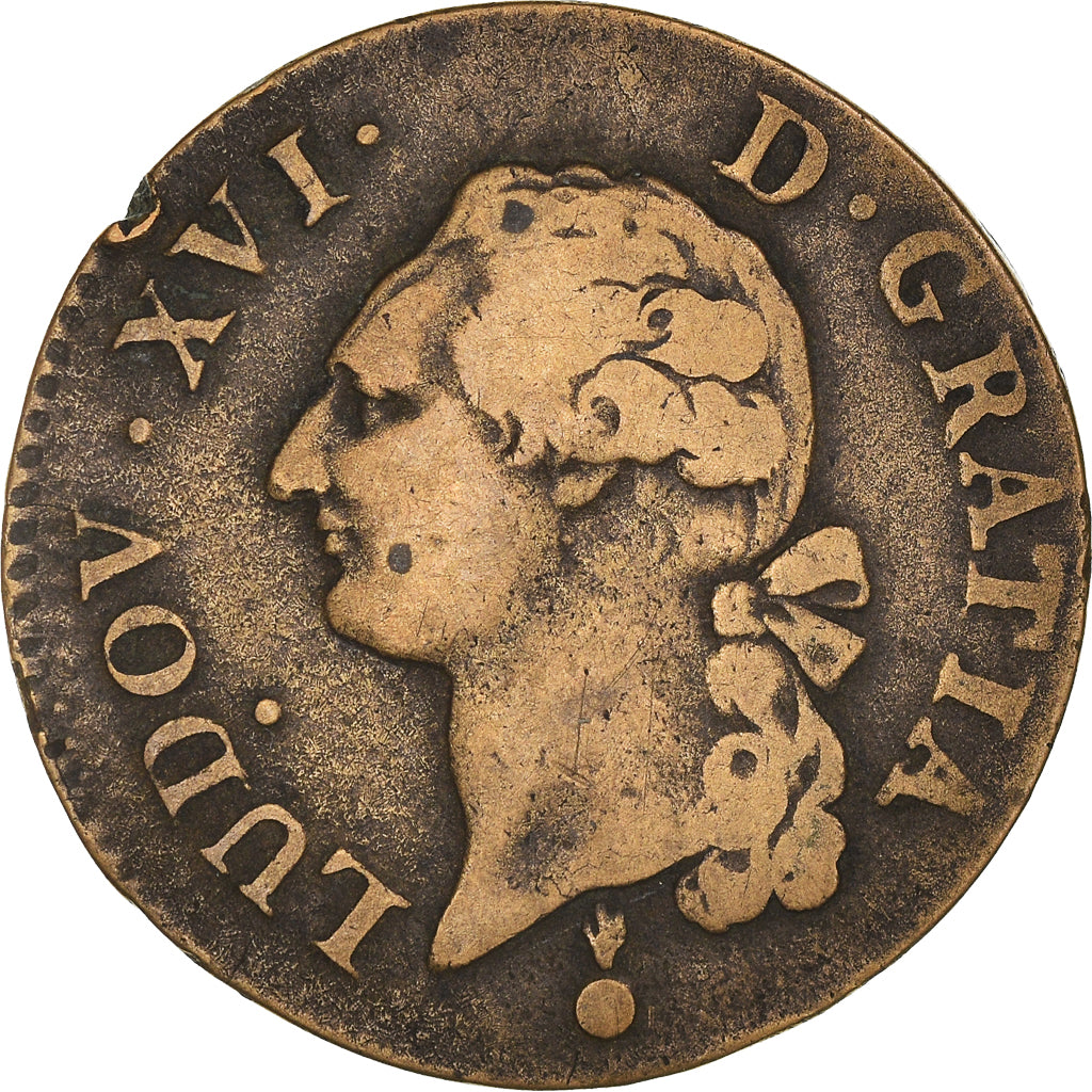 Moneta, Francia, Louis XVI, Sol, 1791, Metz, MB+, Rame, KM:602.1, Gadoury:350