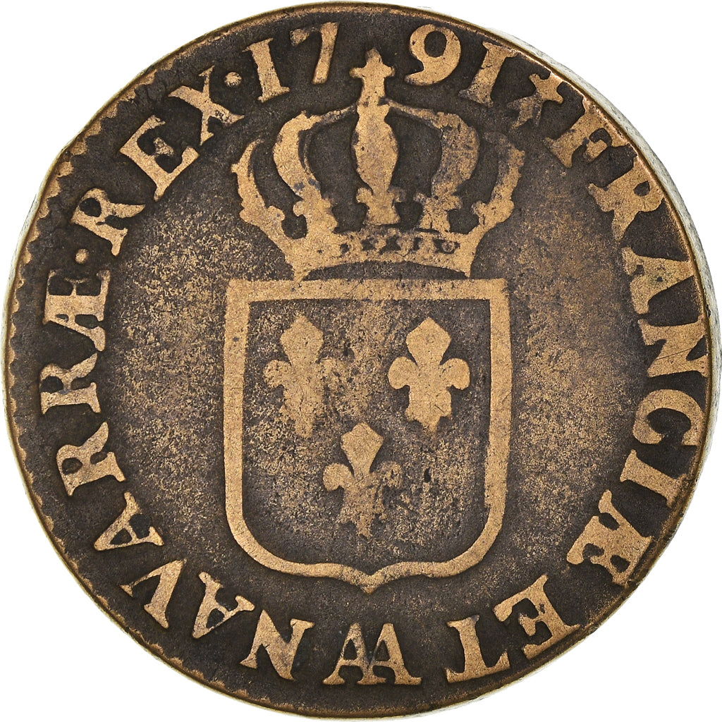 Moneta, Francia, Louis XVI, Sol, 1791, Metz, MB+, Rame, KM:602.1, Gadoury:350