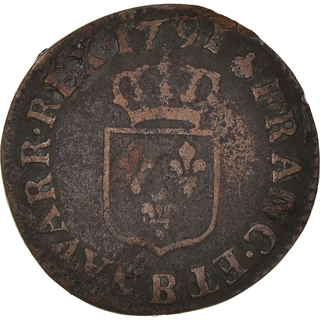 Moeda, França, Louis XVI, Liard, Liard, 1791, Rouen, VF(30-35), Cobre